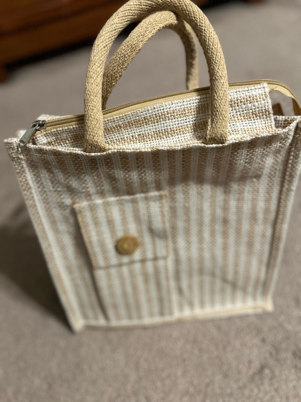 Woven Straw Tote Bag in Beige and White